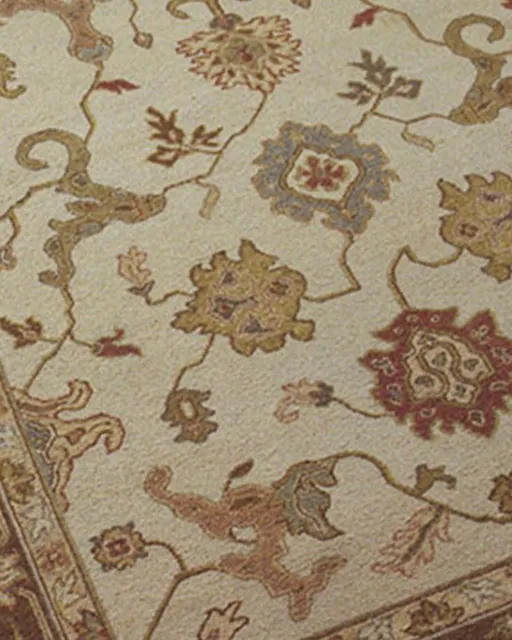 Cream oriental rug with a brown border after cleaning