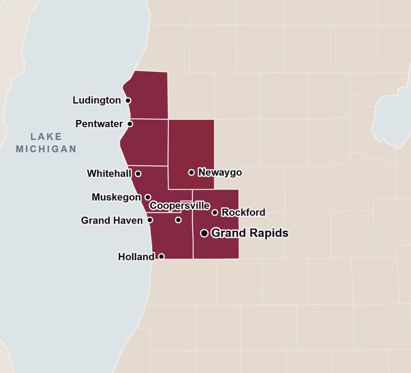Map of our rug pickup and delivery area across West Michigan, from Grand Rapids to Holland